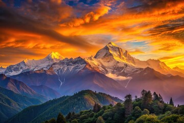 Obraz premium Majestic Snow-Capped Peaks at Sunset, Bathed in Golden Hues, Overlooking Lush Green Foliage