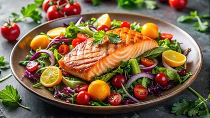 Grilled Salmon Fillet on a Vibrant Mixed Green Salad with Cherry Tomatoes and Citrus Wedges