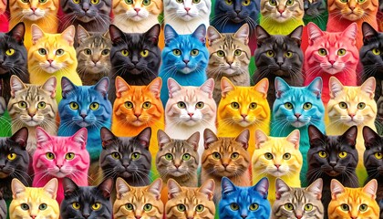 A dense array of colorful cat faces, each distinct yet uniform in presentation