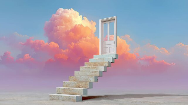 Surreal staircase leading to an open door amidst vibrant clouds, showcasing a dreamlike ascent through the sky, illustrating a journey of exploration and imagination in a whimsical environment