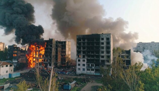 Apocalyptic cityscape engulfed in flames and smoke, with lone figure walking through rubble at sunset.
