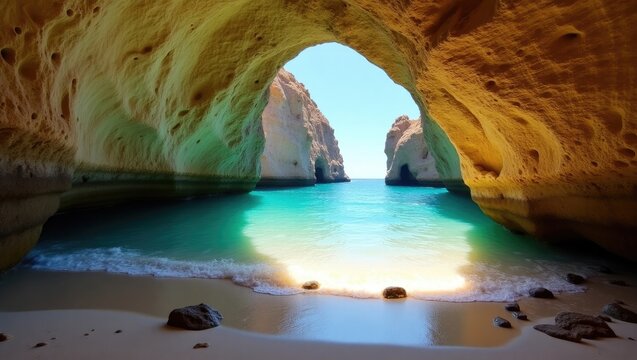 Tranquil beach cove sheltered by sandstone cliffs. - Powered by Adobe