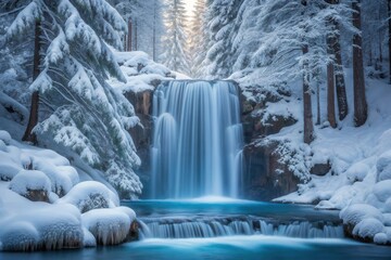 Majestic winter waterfall in a snow covered forest