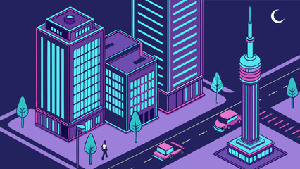 Isometric city skyline at night with buildings tower cars and moon vector illustration cityscape design 3d