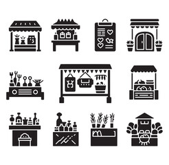 Naklejka premium Simple black and white icons representing various market stalls and artisan shops