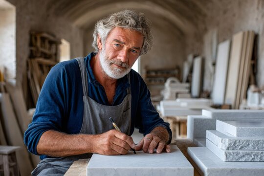 Stonemason drawing lines on marble slab in workshop