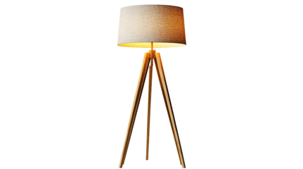 Modern lit floor lamp with glowing light and tall stand isolated on white background
