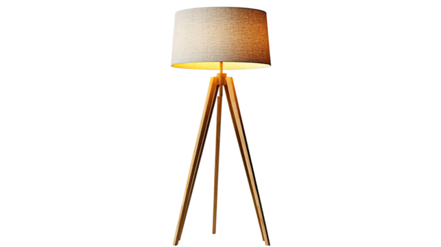 Modern lit floor lamp with glowing light and tall stand isolated on white background
