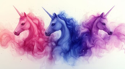 Three stylized unicorns with colorful smoky manes and horns, creating a magical and whimsical artistic fantasy composition.