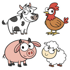 Charming cartoon farm animal sticker pack featuring a cow pig and chicken in vibrant cmyk colors
