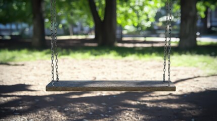 A wooden swing hanging from chains in a park with trees and grass in the background on a sunny day
