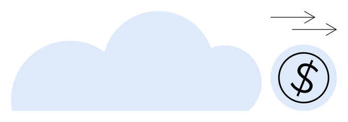 Large blue cloud shape with dollar sign enclosed in a circle and arrows pointing outward. Ideal for finance, cloud computing, digital payment, data transfer, technology, e-commerce, and online