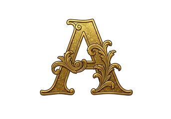 A 3D and vector hybrid of a vintage serif letter “A” in gold with intricate gothic ornamentation