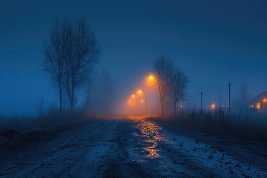 Foggy, dark country road at night, illuminated by distant streetlights - Powered by Adobe