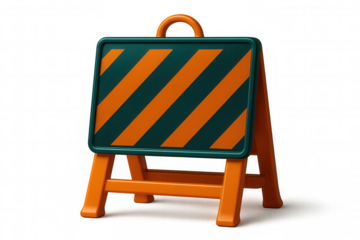3d rendering of a construction sign with orange and green stripes, isolated on a transparent background