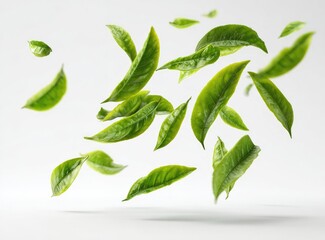 Fresh green tea leaves suspended in mid-air against a white background