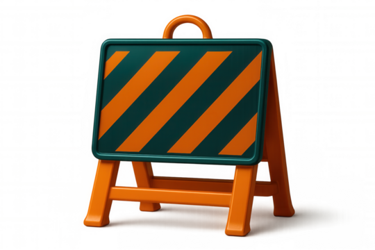 3d rendering of a construction sign with orange and green stripes, isolated on a transparent background