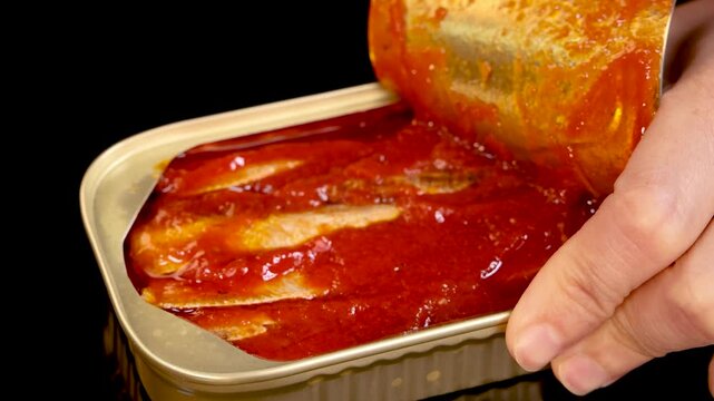 Hand Opening Sardine Can with Tomato Sauce Close-Up