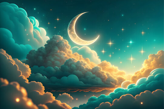 Iridescent teal gold soft billowing clouds crescent moon starry sky stars night
