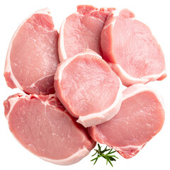 Raw uncooked pork chop with bone and fat on a white background