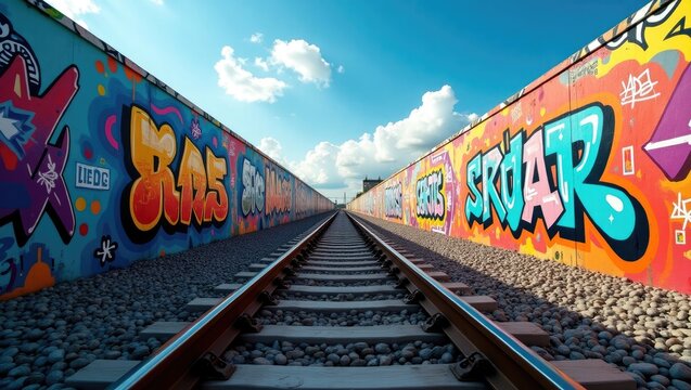 Colorful graffiti art adorns walls alongside railway tracks. - Powered by Adobe