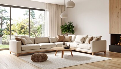 Modern Living Room with Large Windows, Neutral Tones, and Cozy Ambiance