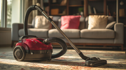Fototapeta premium Red vacuum on patterned rug in sunny room. Suitable for household cleaning, interior design, home appliances, and cleanliness concepts.