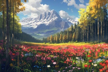 Fototapeta premium Colorful spring flower field forest landscape grassland.