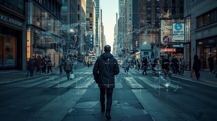 Naklejka premium A person walking through a city street, a glowing augmented reality overlay showing information on buildings and people.