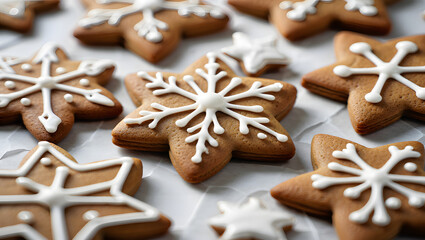 Close up of star shaped gingerbread cookies decorated with white icing snowflakes snowflake icing Christmas cookies