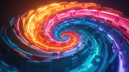 Multicolored spiral structure with glowing lines.