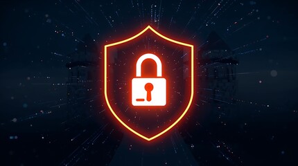 A stylized shield with a glowing padlock icon, against a backdrop of a digital fortress.