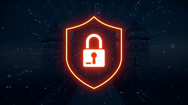 A stylized shield with a glowing padlock icon, against a backdrop of a digital fortress.