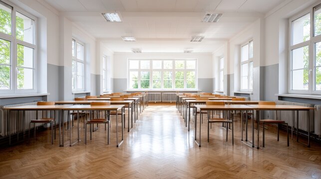 Bright and spacious classroom with wooden desks arranged in rows, large windows allowing natural light, creating an inviting learning environment