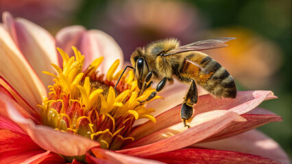 Honey bee pollinating dahlia flower in garden summer nature close up macro photography for bee lovers and nature lovers