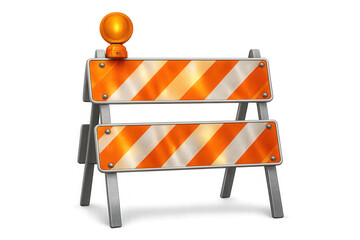 Road barrier blocking traffic, displaying blinking orange warning light, highlighting safety precautions against clear backdrop