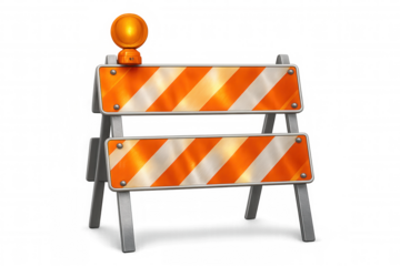 Road barrier blocking traffic, displaying blinking orange warning light, highlighting safety precautions against clear backdrop