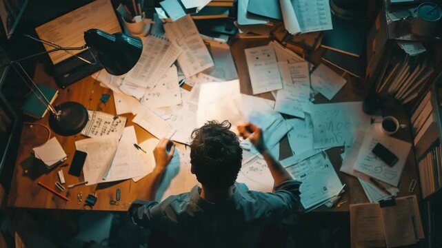 Scriptwriter working late at messy desk papers 4K Videos