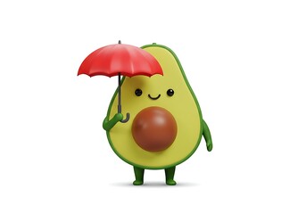 A cute 3D and vector hybrid illustration of a smiling avocado holding a miniature umbrella