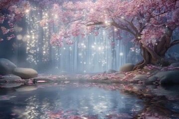 Pink cherry blossom trees, magical forest, tranquil water