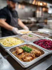 Obraz premium Chef prepares diverse dishes in a professional kitchen setting.