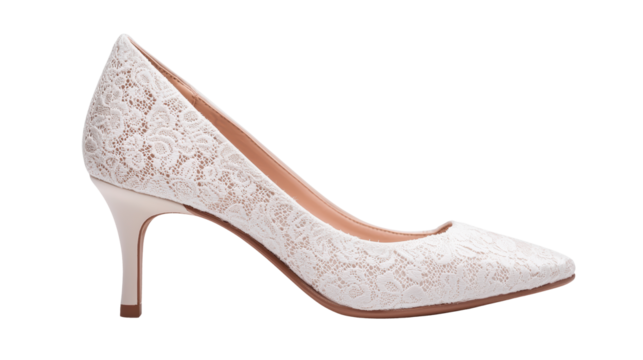Elegant white lace high heel shoe with pointed toe and mid height heel, perfect for formal occasions