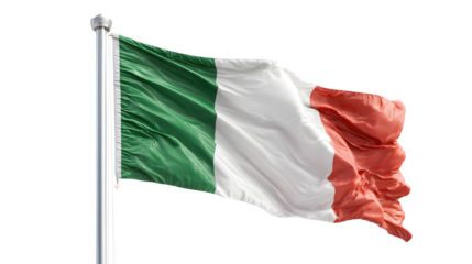 A close up of the italian flag waving in the wind against a black background on a silver flagpole