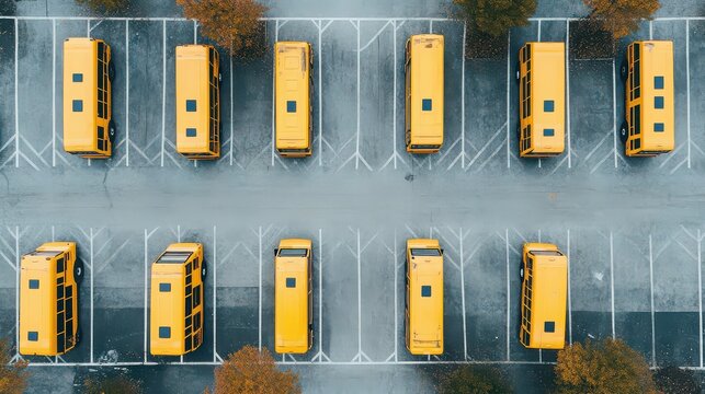 Overhead drone view of a school parking lot with multiple yellow buses lined in geometric patterns.