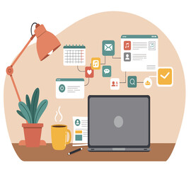 Organize your digital life efficiently with this modern workspace setup featuring laptop, calendar and communication icons.