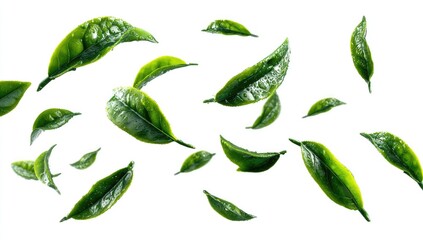 Fresh tea leaves floating on a white background