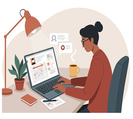 Focused woman working remotely at desk with laptop, calendar, and coffee, planning tasks efficiently.