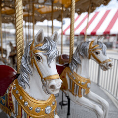 Vintage carousel horses at an amusement park.