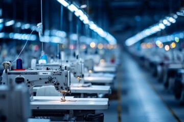 Fototapeta premium A textile factory with rows of sewing machines under bright lights An AI system is adjusting machine settings for optimal stitching The mood feels smooth, Generative AI