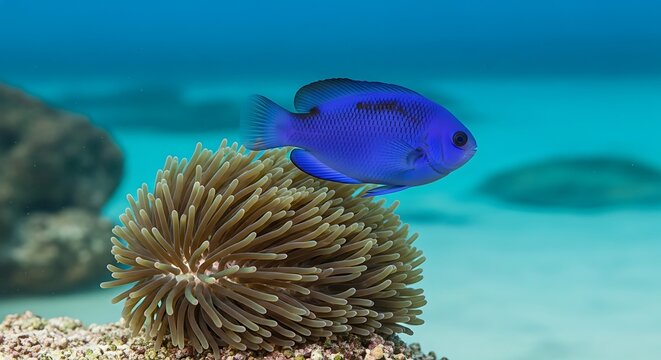 Radiant Sapphire: A Cobalt Damsel Fish Dances Above Sea Anemone in Turquoise Waters